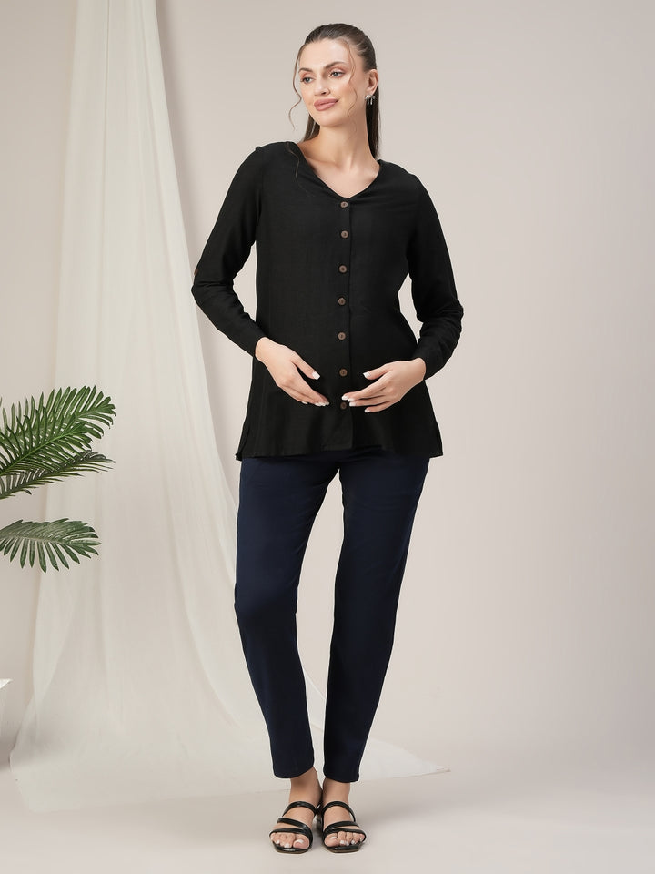 Navy Blue Maternity Denim Pants Tapered Straight Fit