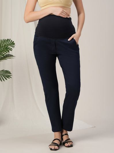 Navy Blue Maternity Denim Pants Tapered Straight Fit