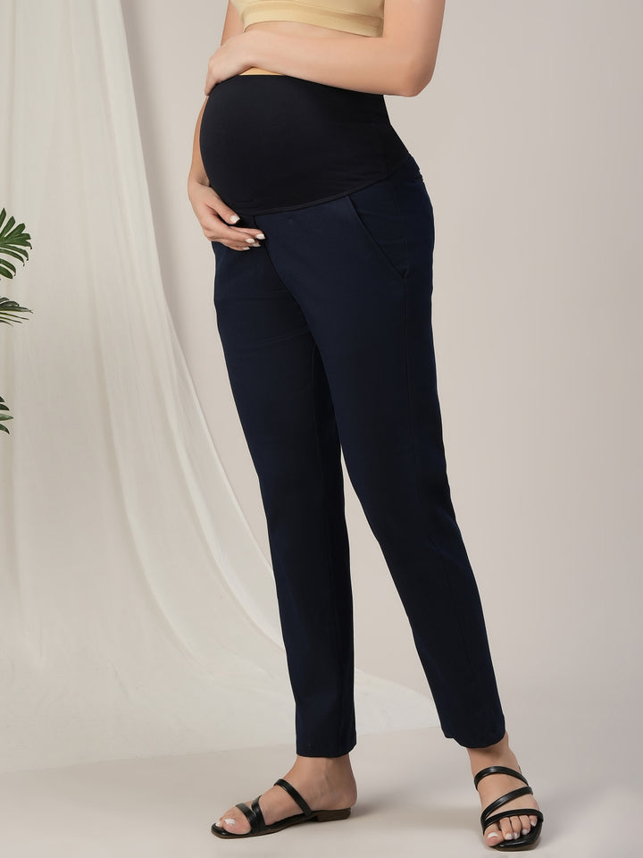 Navy Blue Maternity Denim Pants Tapered Straight Fit