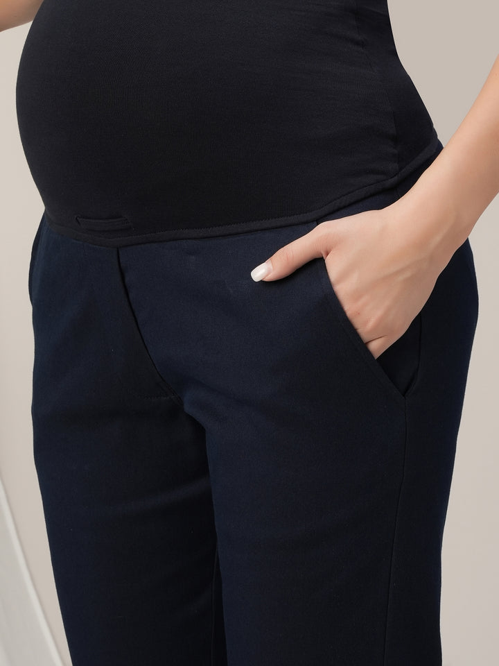 Navy Blue Maternity Denim Pants Tapered Straight Fit
