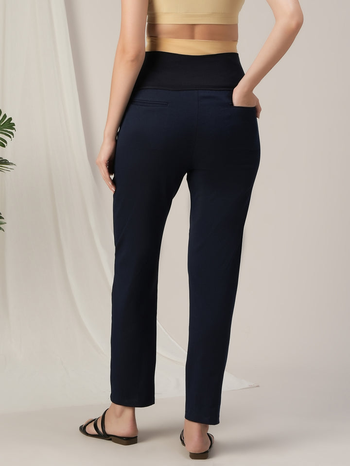 Navy Blue Maternity Denim Pants Tapered Straight Fit