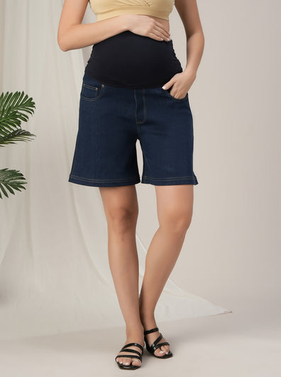 Navy Blue Maternity Denim Shorts with Overbelly Fit