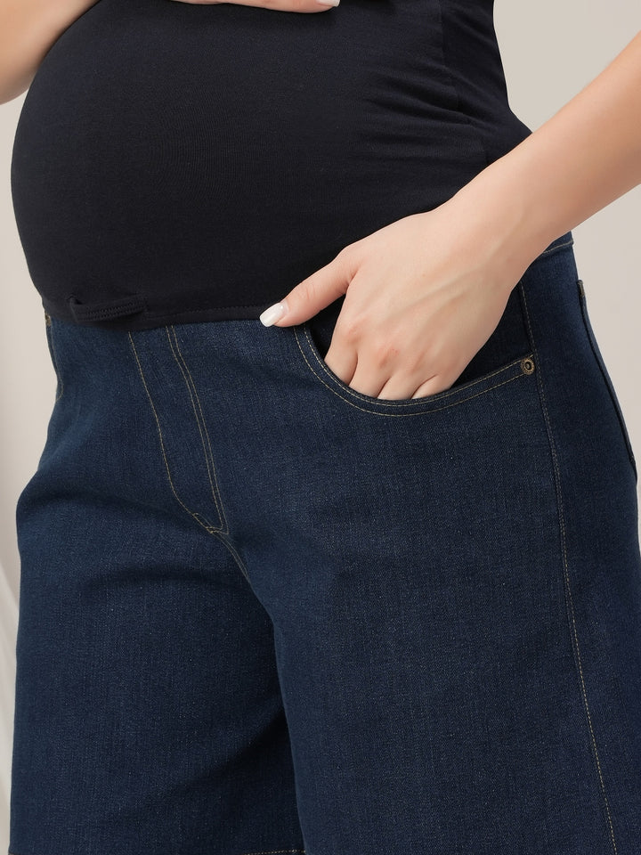 Navy Blue Maternity Denim Shorts with Overbelly Fit