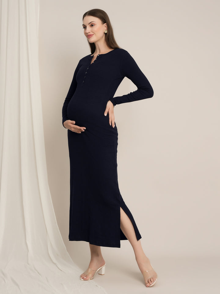 Navy Blue Maternity & Nursing Midi Bodycon T-shirt Dress
