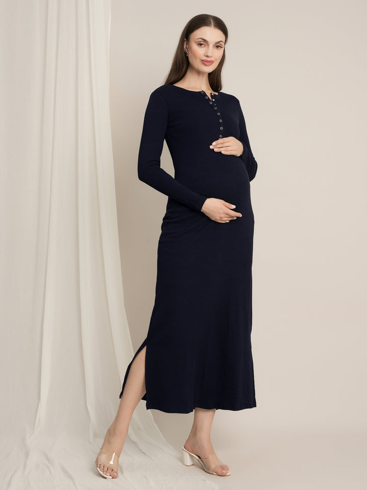 Navy Blue Maternity & Nursing Midi Bodycon T-shirt Dress