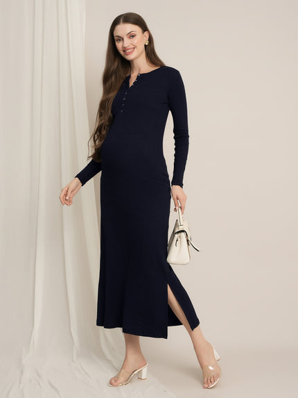 Navy Blue Maternity & Nursing Midi Bodycon T-shirt Dress