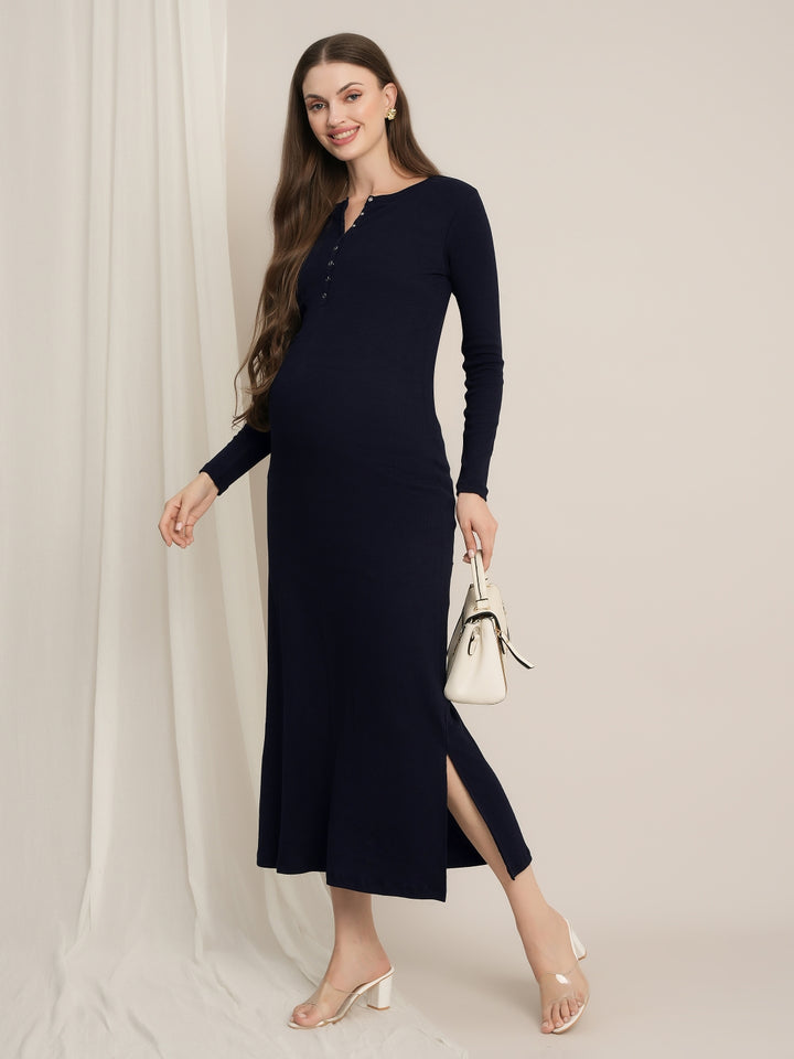 Navy Blue Maternity & Nursing Midi Bodycon T-shirt Dress