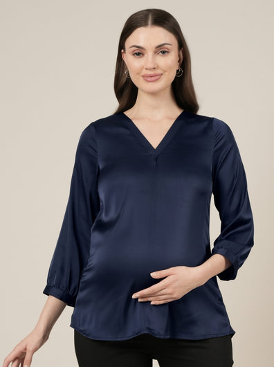 Navy Blue Maternity Satin Top with Long Sleeves