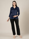 Navy Blue Maternity Satin Top with Long Sleeves