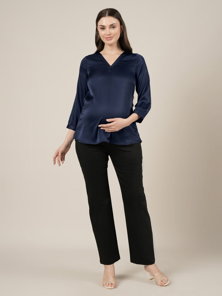 Navy Blue Maternity Satin Top with Long Sleeves