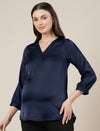 Navy Blue Maternity Satin Top with Long Sleeves