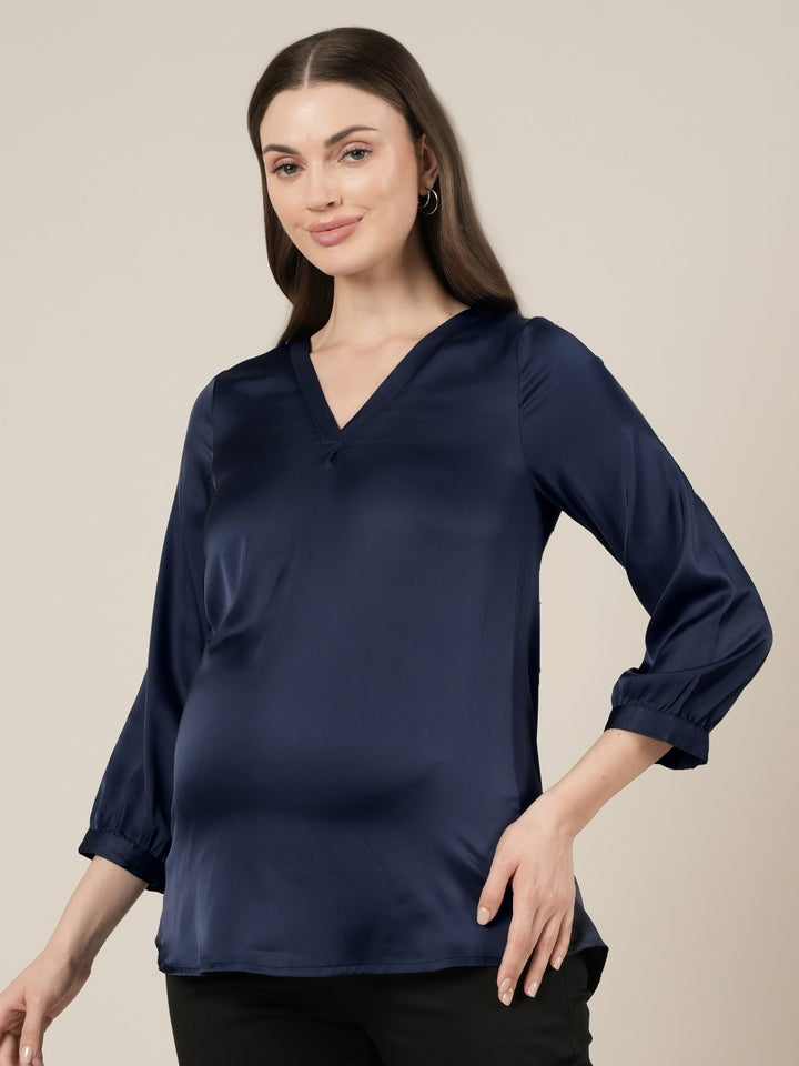 Navy Blue Maternity Satin Top with Long Sleeves