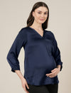 Navy Blue Maternity Satin Top with Long Sleeves