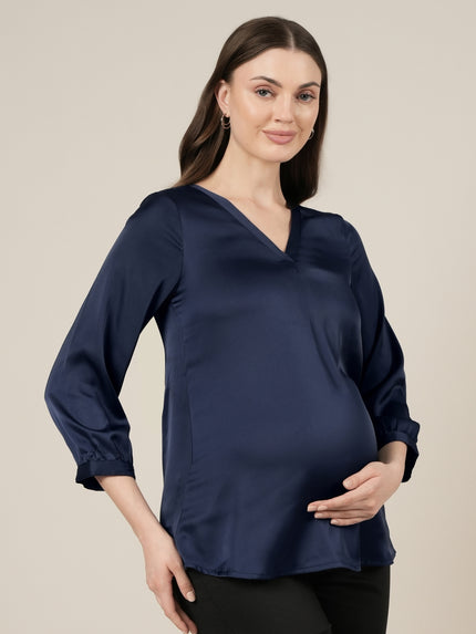 Navy Blue Maternity Satin Top with Long Sleeves