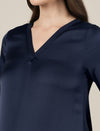 Navy Blue Maternity Satin Top with Long Sleeves