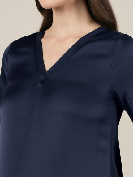 Navy Blue Maternity Satin Top with Long Sleeves