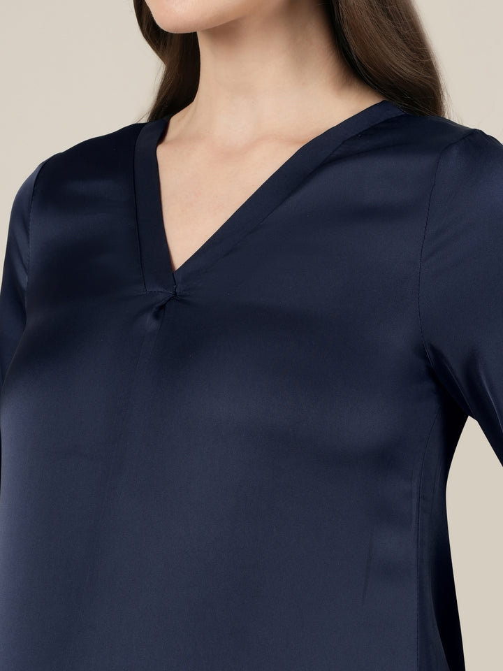 Navy Blue Maternity Satin Top with Long Sleeves