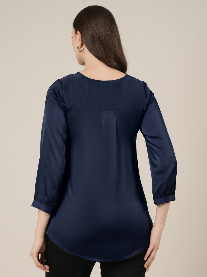Navy Blue Maternity Satin Top with Long Sleeves