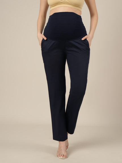 Stretchy Cotton Straight Fit Maternity Trousers-Navy Blue