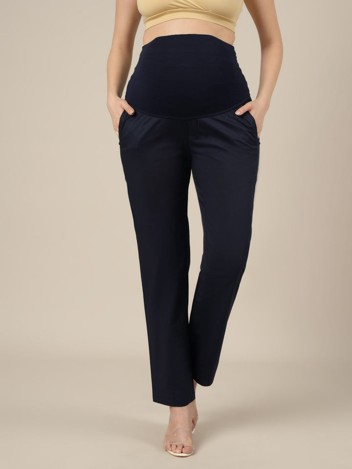 Stretchy Cotton Straight Fit Maternity Trousers-Navy Blue
