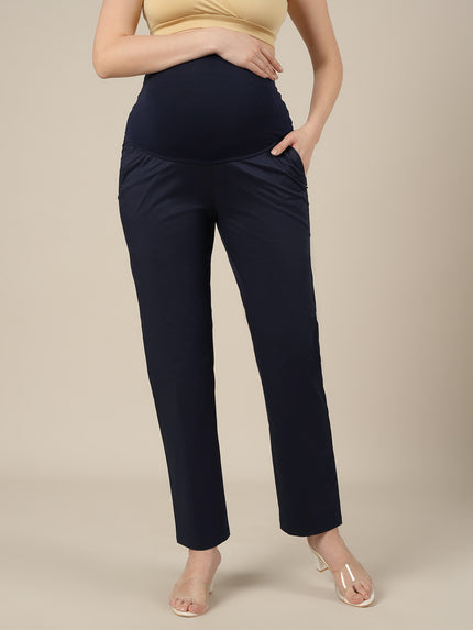 Stretchy Cotton Straight Fit Maternity Trousers-Navy Blue