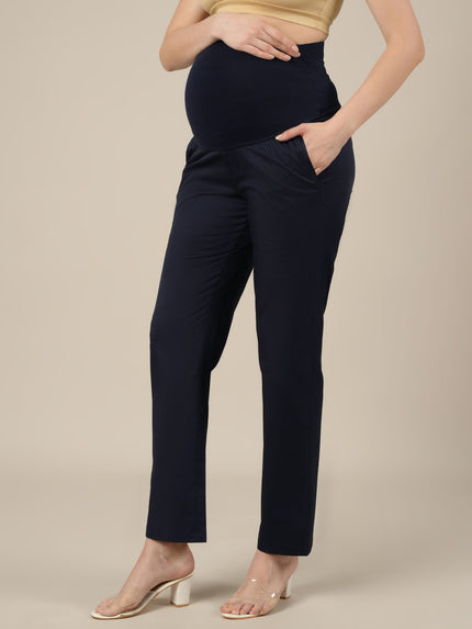 Stretchy Cotton Straight Fit Maternity Trousers-Navy Blue