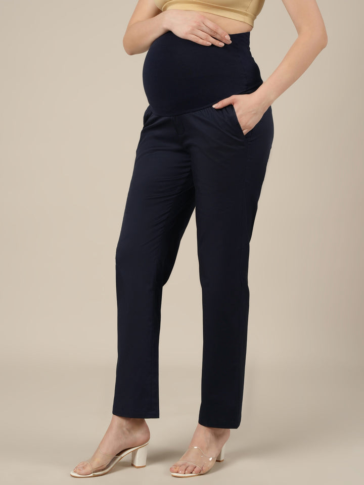Stretchy Cotton Straight Fit Maternity Trousers-Navy Blue