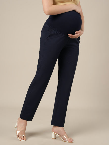Stretchy Cotton Straight Fit Maternity Trousers-Navy Blue