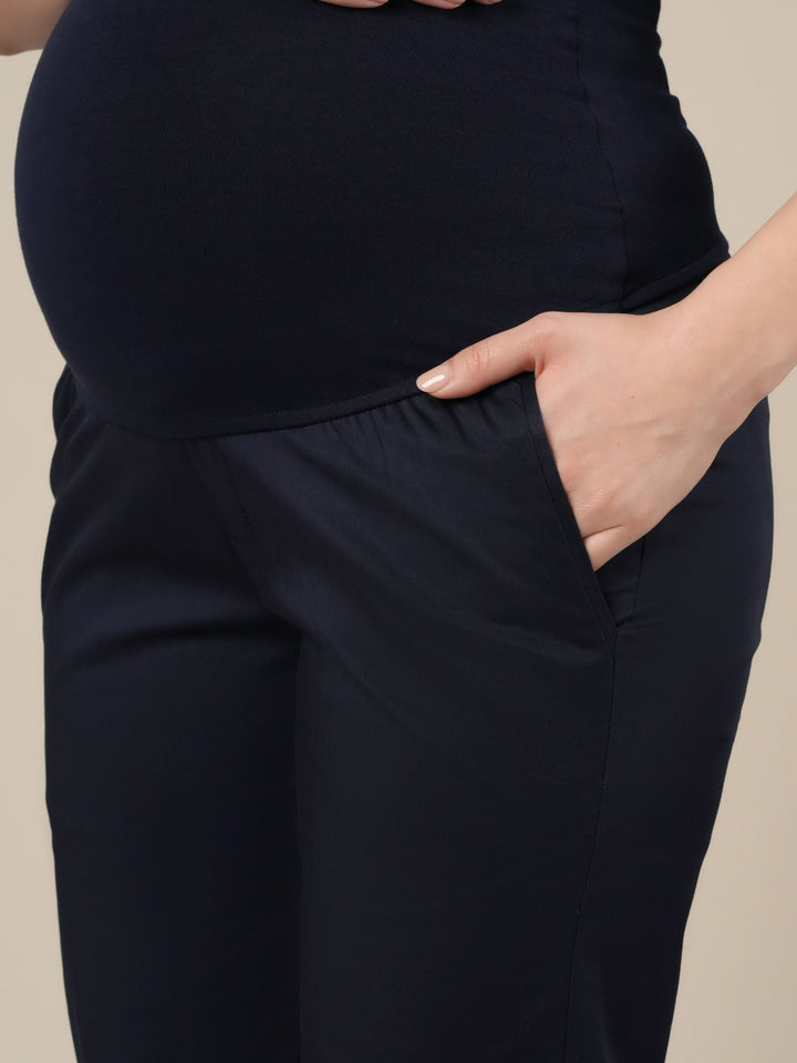 Stretchy Cotton Straight Fit Maternity Trousers-Navy Blue