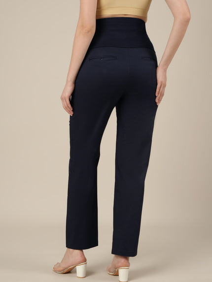 Stretchy Cotton Straight Fit Maternity Trousers-Navy Blue