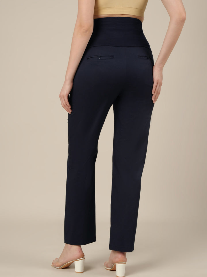 Stretchy Cotton Straight Fit Maternity Trousers-Navy Blue