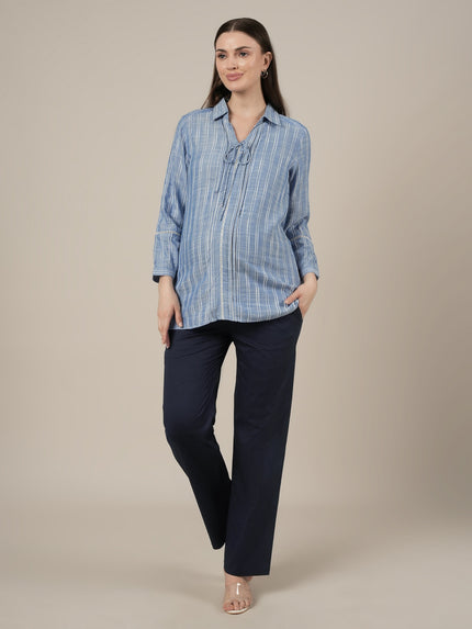 Maternity Stretchy Cotton Wide Leg Trousers-Navy Blue