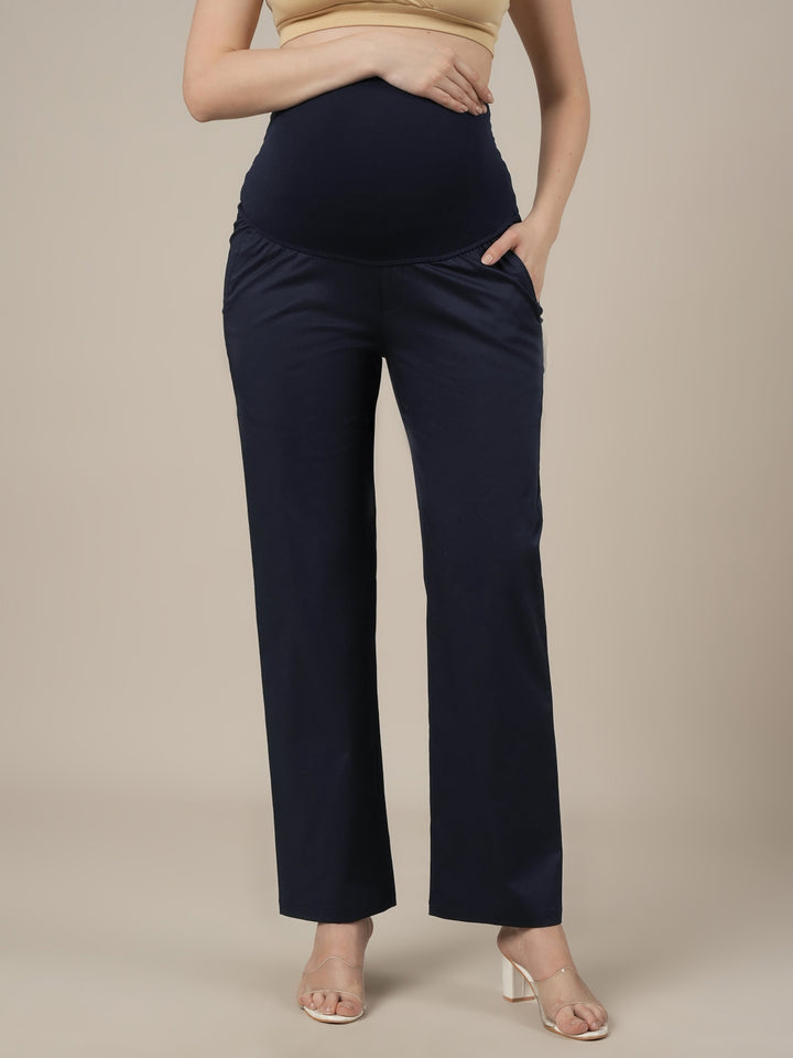 Maternity Stretchy Cotton Wide Leg Trousers-Navy Blue