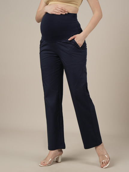 Maternity Stretchy Cotton Wide Leg Trousers-Navy Blue