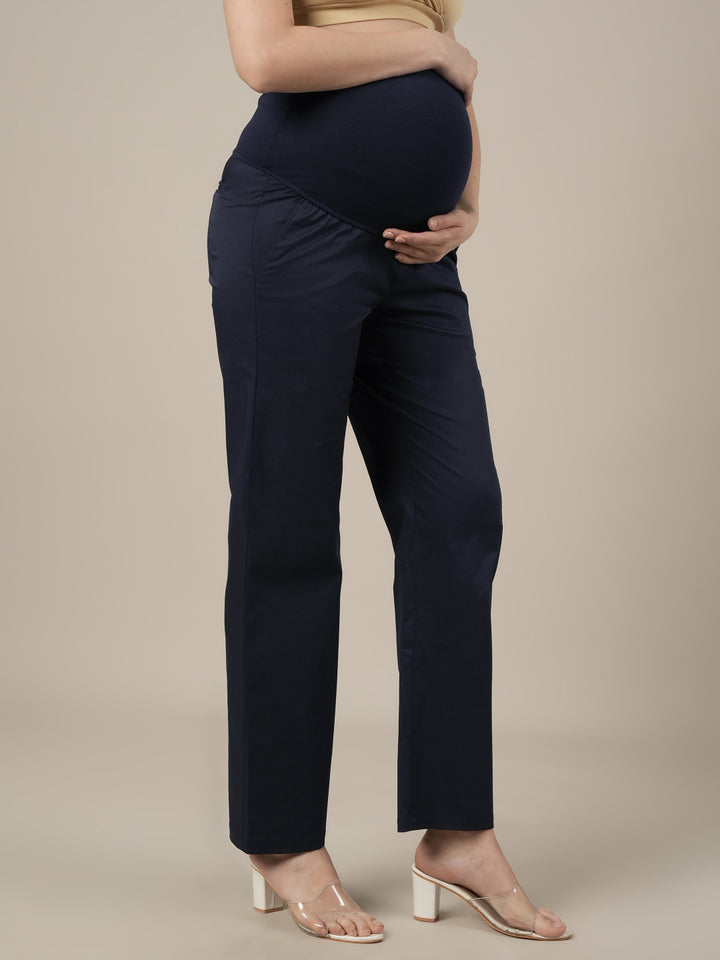 Maternity Stretchy Cotton Wide Leg Trousers-Navy Blue