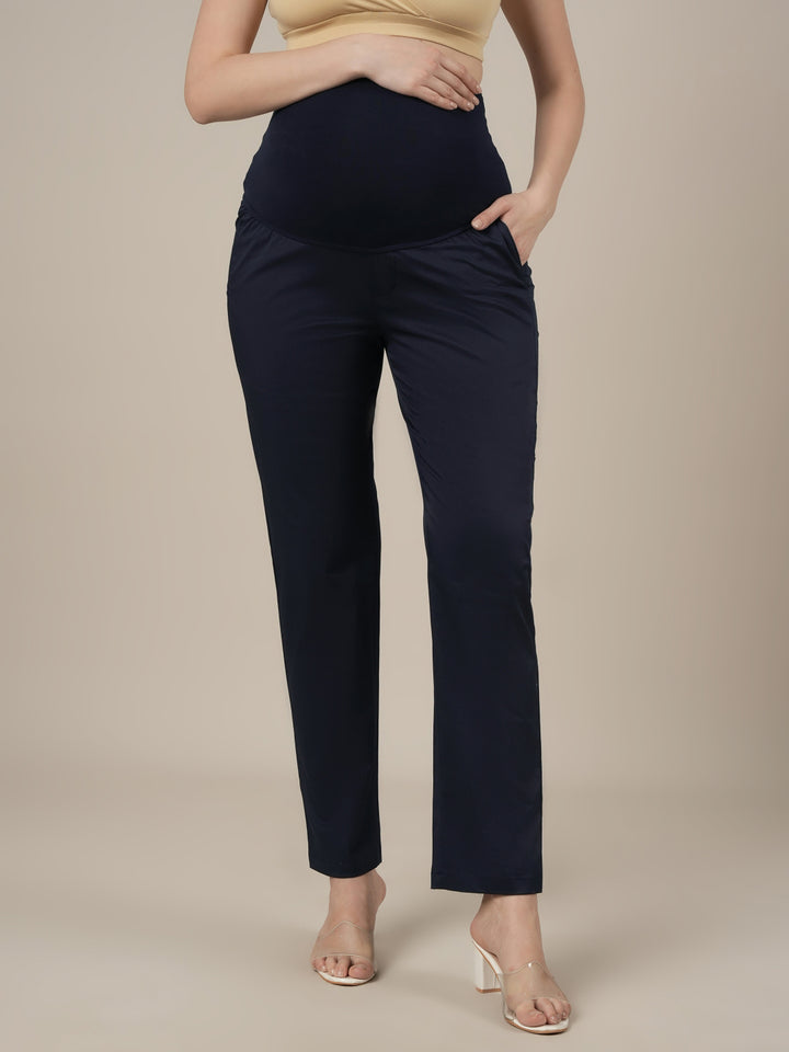 Stretchy Cotton Tapered Fit Maternity Trousers-Navy Blue