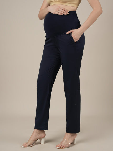 Stretchy Cotton Tapered Fit Maternity Trousers-Navy Blue