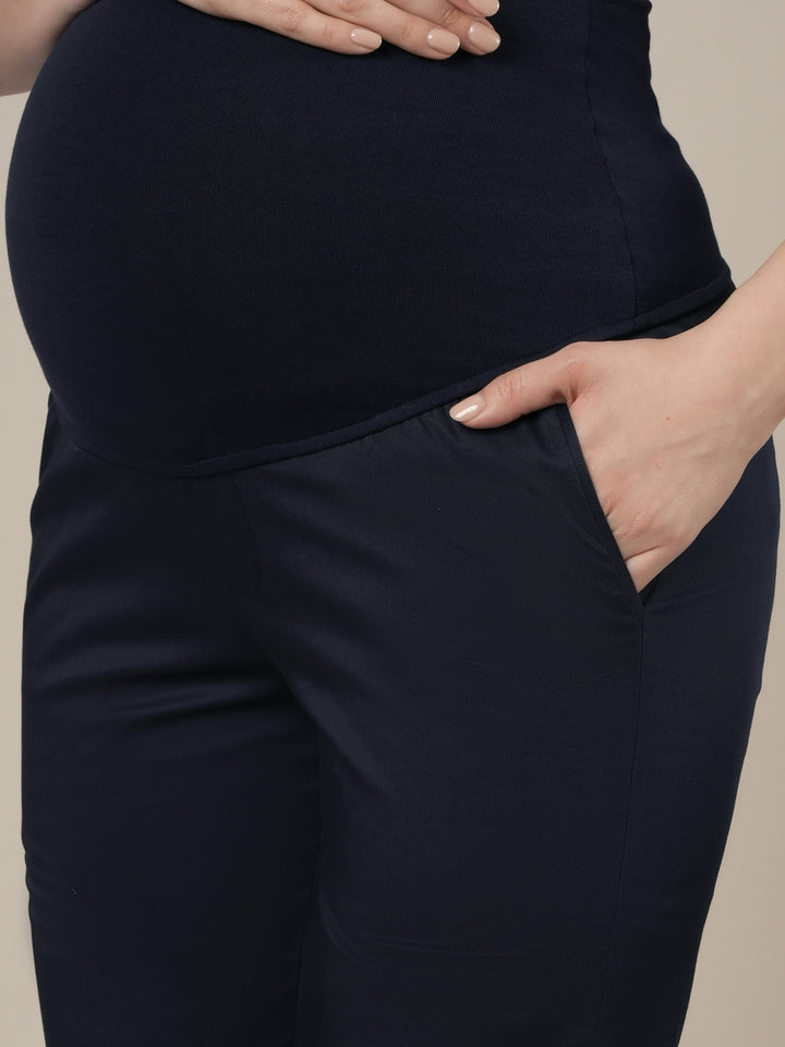 Stretchy Cotton Tapered Fit Maternity Trousers-Navy Blue