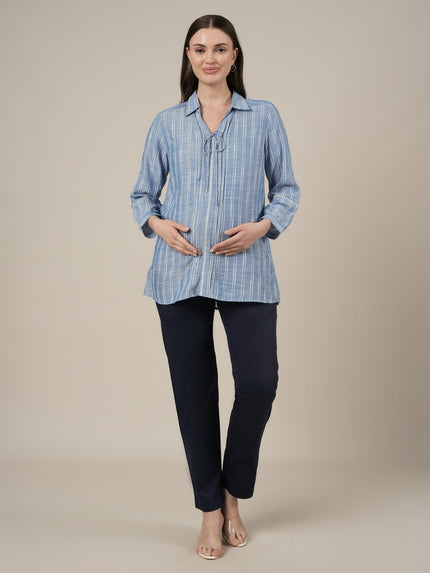 Stretchy Cotton Tapered Fit Maternity Trousers-Navy Blue