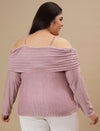 Plus-size woman in back view wearing Off-The-Shoulder Plus Size Blouse with straight hem and relaxed back design