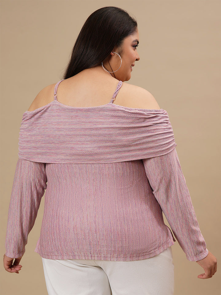 Plus-size woman in back view wearing Off-The-Shoulder Plus Size Blouse with straight hem and relaxed back design