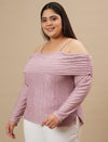 Plus-size woman in front left angle view wearing Off-The-Shoulder Plus Size Blouse with flowy sleeves and gathered neckline
