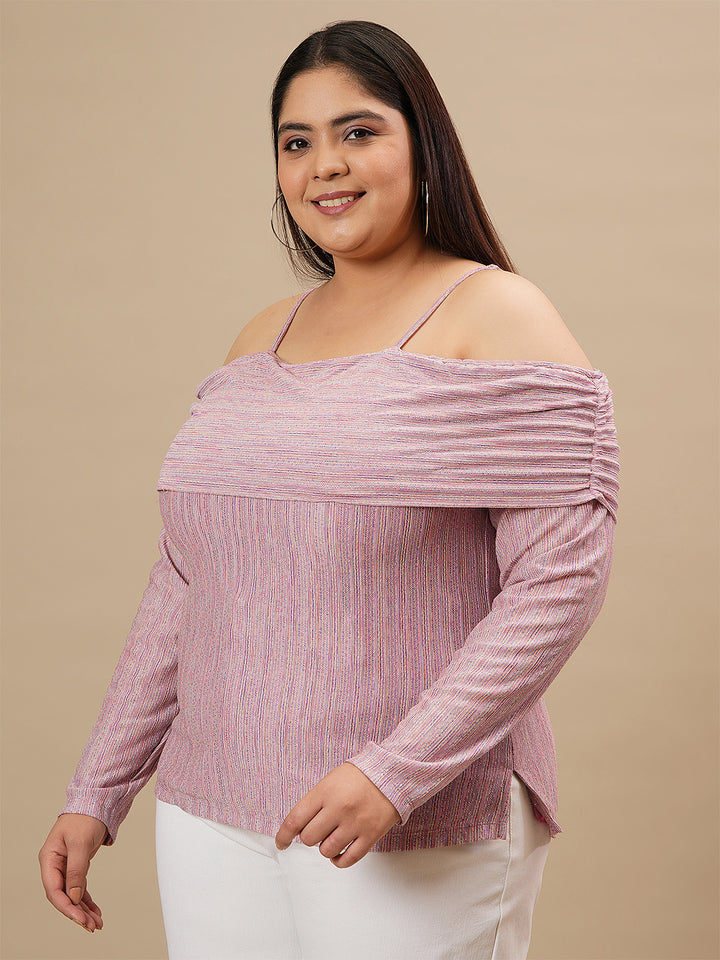 Plus-size woman in front left angle view wearing Off-The-Shoulder Plus Size Blouse with flowy sleeves and gathered neckline