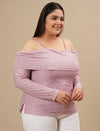 Plus-size woman in front right angle view wearing Off-The-Shoulder Plus Size Blouse featuring soft drape and wide neckline