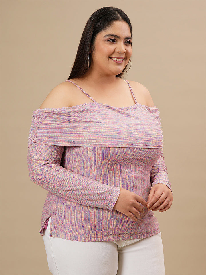 Plus-size woman in front right angle view wearing Off-The-Shoulder Plus Size Blouse featuring soft drape and wide neckline