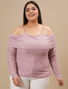 Plus-size woman in front view smiling while wearing Off-The-Shoulder Plus Size Blouse with elastic neckline and relaxed fit