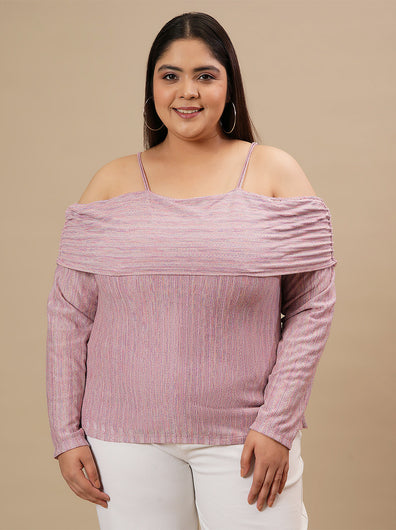 Plus-size woman in front view wearing Off-The-Shoulder Plus Size Blouse with off-shoulder neckline and flared sleeves