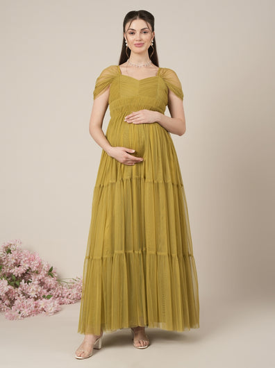 Olive Green Maternity Tiered Tulle Evening Dress