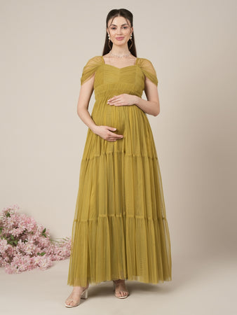 Olive Green Maternity Tiered Tulle Evening Dress Olive Green Maternity Tiered Tulle Evening Dress