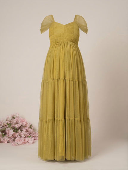 Olive Green Maternity Tiered Tulle Evening Dress